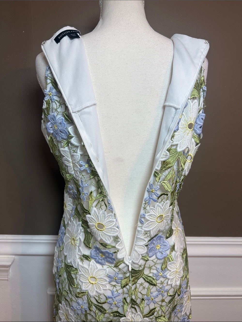 Boston Proper Floral Lace Overlay Dress White Blue Green Size 6 - Picture 7 of 10